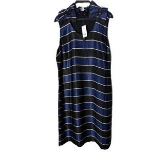 Banana Republic Navy Blue Black Silver Striped Ruffled Collar Dress Size 14 NWT